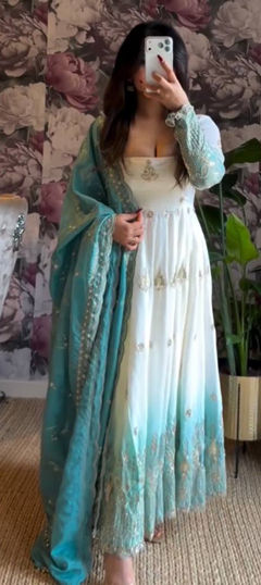 Green, White and Off White color Salwar Kameez in Georgette fabric with Embroidered, Sequence, Thread work