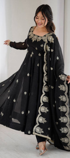 Black and Grey color Salwar Kameez in Silk fabric with Embroidered, Sequence work