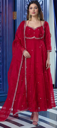Red and Maroon color Salwar Kameez in Tissue fabric with Embroidered work