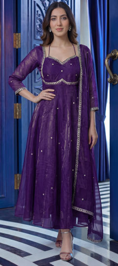 Purple and Violet color Salwar Kameez in Tissue fabric with Embroidered work