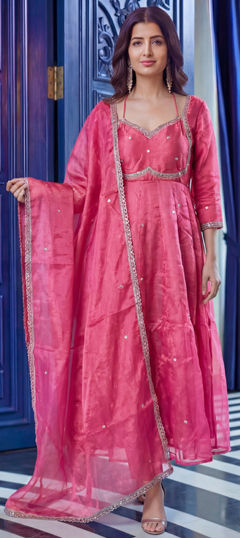 Pink and Majenta color Salwar Kameez in Tissue fabric with Embroidered work