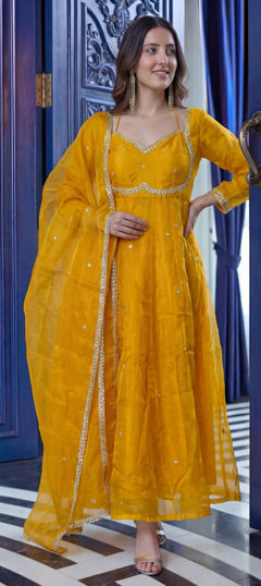 Yellow color Salwar Kameez in Tissue fabric with Embroidered work