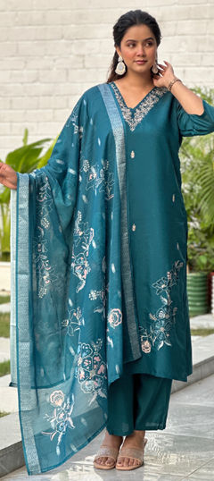 Blue color Salwar Kameez in Blended, Silk fabric with Embroidered work