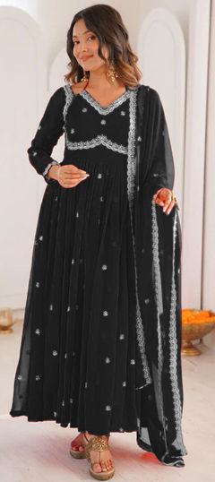 Black and Grey color Salwar Kameez in Georgette fabric with Embroidered, Thread work
