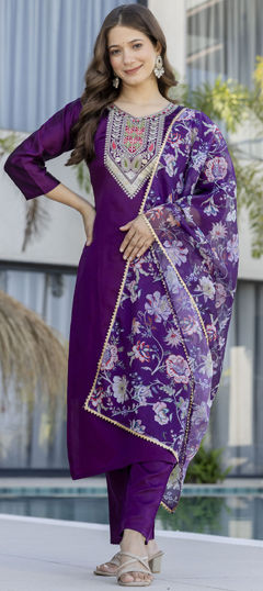 Purple and Violet color Salwar Kameez in Chanderi Silk, Chiffon fabric with Embroidered, Thread work