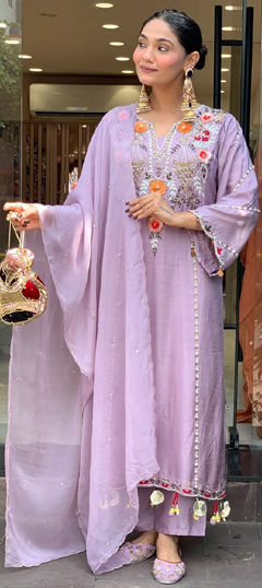 Purple and Violet color Salwar Kameez in Chanderi Silk fabric with Embroidered, Thread work