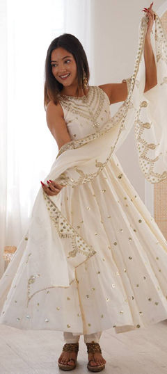 White and Off White color Salwar Kameez in Roman Silk fabric with Embroidered, Sequence work