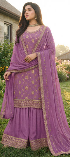Purple and Violet color Salwar Kameez in Chinon Silk fabric with Embroidered work