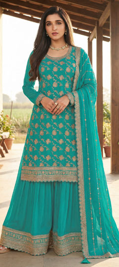 Blue color Salwar Kameez in Chinon Silk fabric with Embroidered work