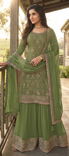 Green color Salwar Kameez in Chinon Silk fabric with Embroidered work