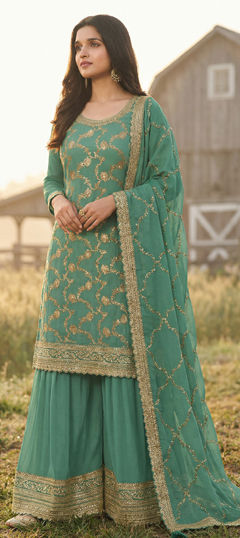 Blue color Salwar Kameez in Chinon Silk fabric with Embroidered work