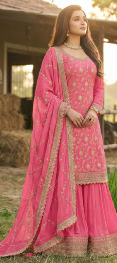 Pink and Majenta color Salwar Kameez in Chinon Silk fabric with Embroidered work