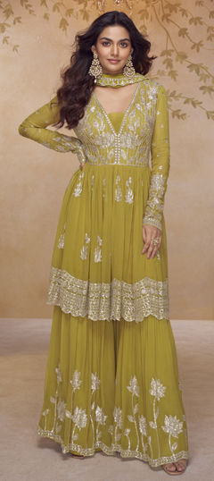 Green color Salwar Kameez in Chinon Silk fabric with Embroidered, Sequence work