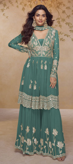 Blue color Salwar Kameez in Chinon Silk fabric with Embroidered, Sequence work