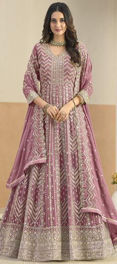 Pink and Majenta color Salwar Kameez in Faux Georgette fabric with Embroidered, Sequence, Thread work