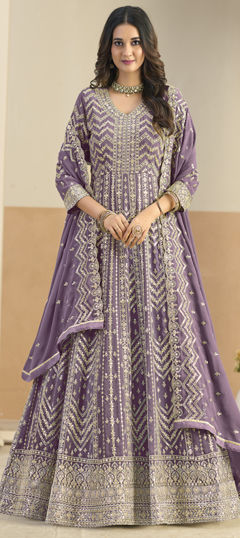 Purple and Violet color Salwar Kameez in Faux Georgette fabric with Embroidered, Sequence, Thread work