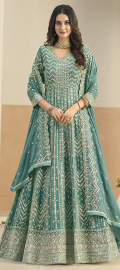 Blue color Salwar Kameez in Faux Georgette fabric with Embroidered, Sequence, Thread work