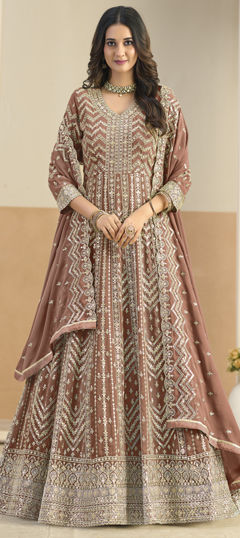 Beige and Brown color Salwar Kameez in Faux Georgette fabric with Embroidered, Sequence, Thread work