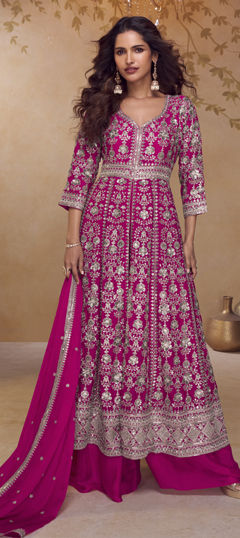 Pink and Majenta color Salwar Kameez in Chinon Silk fabric with Sequence work