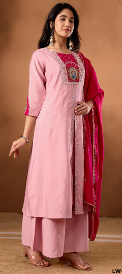 Pink and Majenta color Salwar Kameez in Roman Silk fabric with Embroidered, Sequence, Thread work