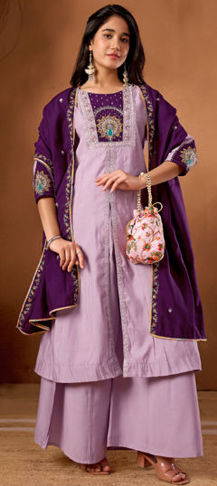 Purple and Violet color Salwar Kameez in Roman Silk fabric with Embroidered, Sequence, Thread work