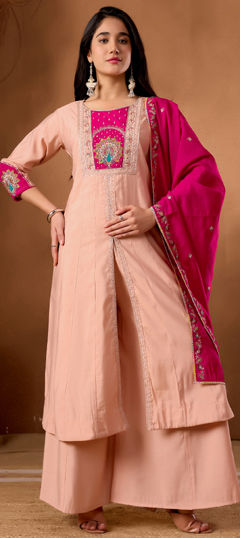 Pink and Majenta color Salwar Kameez in Roman Silk fabric with Embroidered, Sequence, Thread work