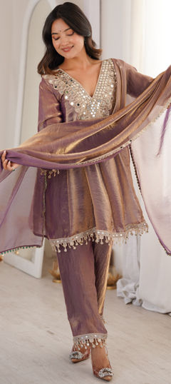 Beige and Brown color Salwar Kameez in Tissue fabric with Embroidered, Mirror work