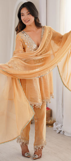 Purple and Violet color Salwar Kameez in Tissue fabric with Embroidered, Mirror work