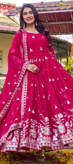 Pink and Majenta color Gown in Faux Georgette fabric with Embroidered, Sequence work