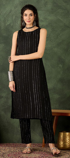 Black and Grey color Salwar Kameez in Silk cotton fabric with Fancy Work work