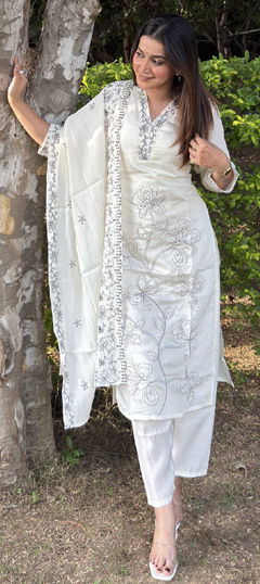 White and Off White color Salwar Kameez in Blended, Silk fabric with Embroidered work