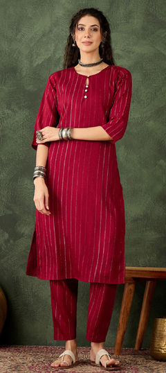Red and Maroon color Salwar Kameez in Silk cotton fabric with Fancy Work work