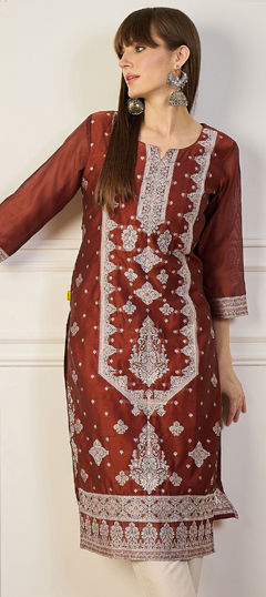 Orange color Kurti in Silk cotton fabric with Weaving work