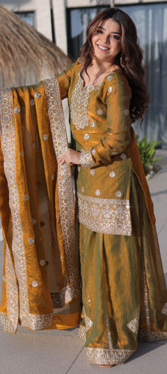 Green color Salwar Kameez in Tissue fabric with Digital Print, Sequence, Zari work