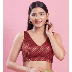 Red and Maroon color Blouse in Brocade fabric with Weaving work