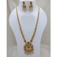 Gold Rodium Polish Green, Red and Maroon color Necklace in Copper studded with CZ Diamond