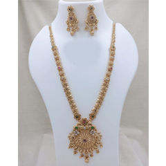 Gold Rodium Polish Green, Red and Maroon color Necklace in Copper studded with CZ Diamond