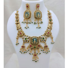 Gold Rodium Polish Green, Red and Maroon color Necklace in Copper studded with CZ Diamond