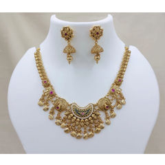 Gold Rodium Polish Green, Red and Maroon color Necklace in Copper studded with CZ Diamond