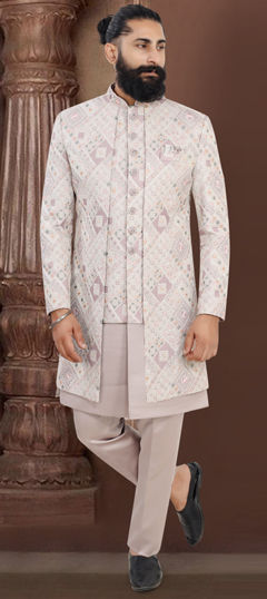 Purple and Violet color Sherwani in Jacquard fabric with Embroidered, Sequence work