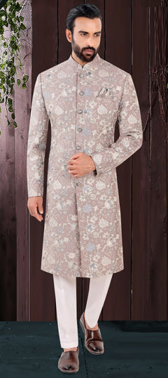 Black and Grey color Sherwani in Jacquard fabric with Embroidered, Sequence work