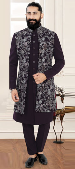 Purple and Violet color Sherwani in Rayon fabric with Embroidered, Sequence work