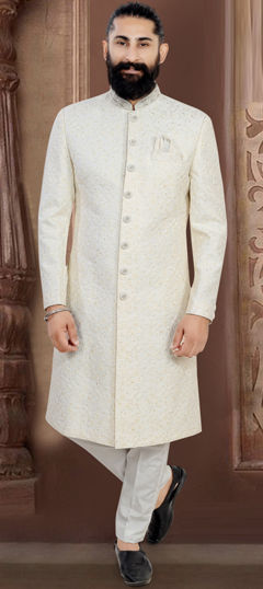 White and Off White color Sherwani in Jacquard fabric with Embroidered, Sequence work