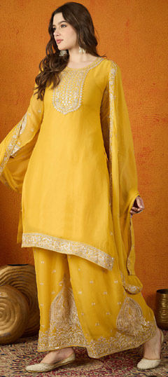 Yellow color Salwar Kameez in Georgette fabric with Embroidered work