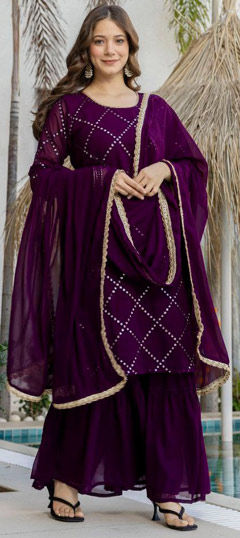 Purple and Violet color Salwar Kameez in Faux Georgette fabric with Embroidered, Sequence work