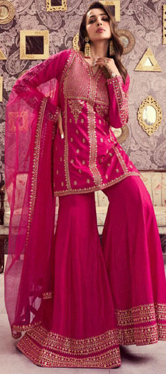 Pink and Majenta color Salwar Kameez in Faux Georgette fabric with Embroidered, Sequence work