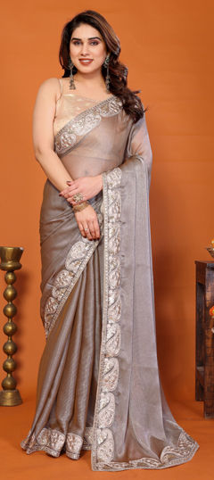 Black and Grey color Saree in Chiffon fabric with Embroidered work