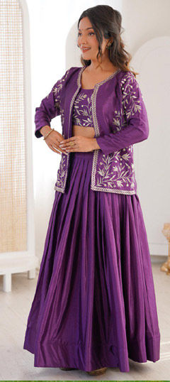 Purple and Violet color Long Lehenga Choli in Chinon Silk fabric with Embroidered work