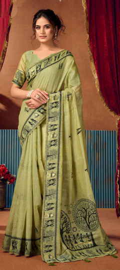 Green color Saree in Cotton fabric with Printed work