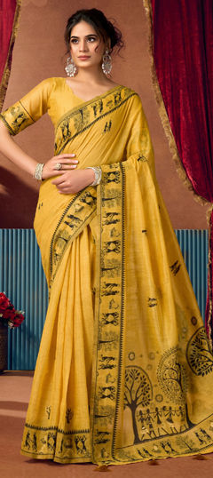 Yellow color Saree in Cotton fabric with Printed work
